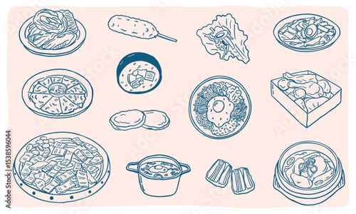 Korean food doodle sketch illustration - hand drawn - vector collection set