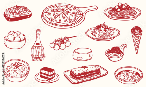 Italian food - cuisine - doodle illustation hand drawn - collection set