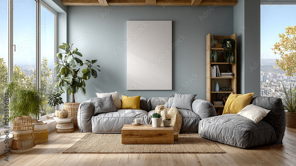 Fototapeta premium Living room featuring a gray couch, blank canvas, and natural lighting