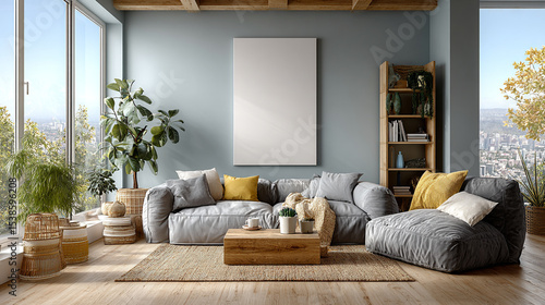 Living room featuring a gray couch, blank canvas, and natural lighting