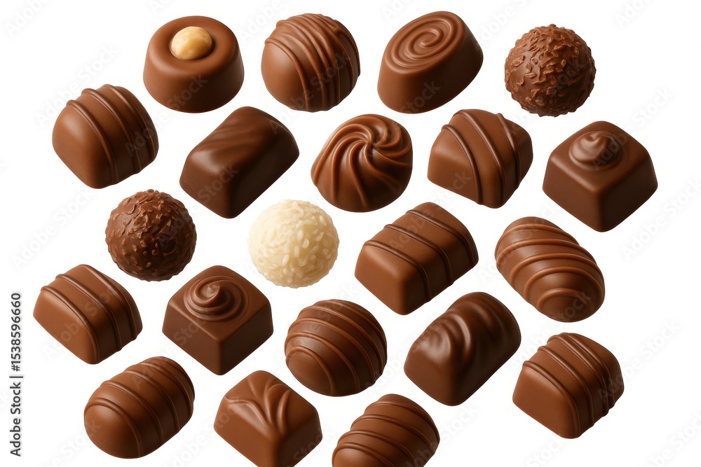 Fototapeta premium Variety of chocolate pralines cascading onto a white surface