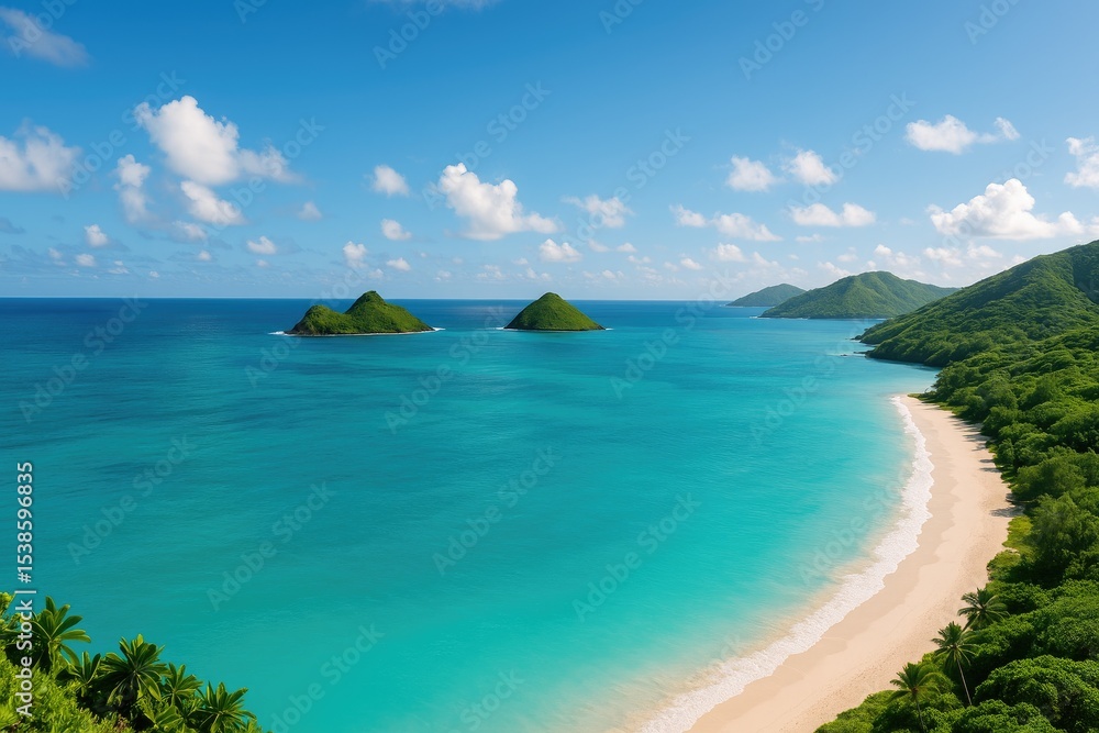 Naklejka premium Aerial perspective of lush tropical islands surrounded by the vast Pacific Ocean