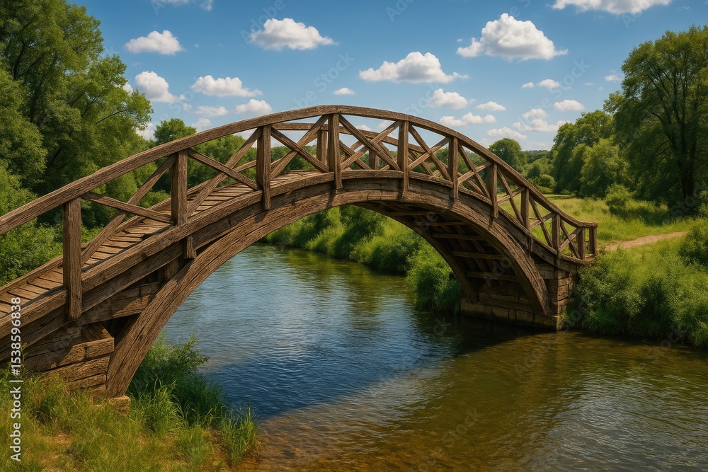 A timber walkway spanning across a flowing stream A timber walkway spanning across a flowing stream