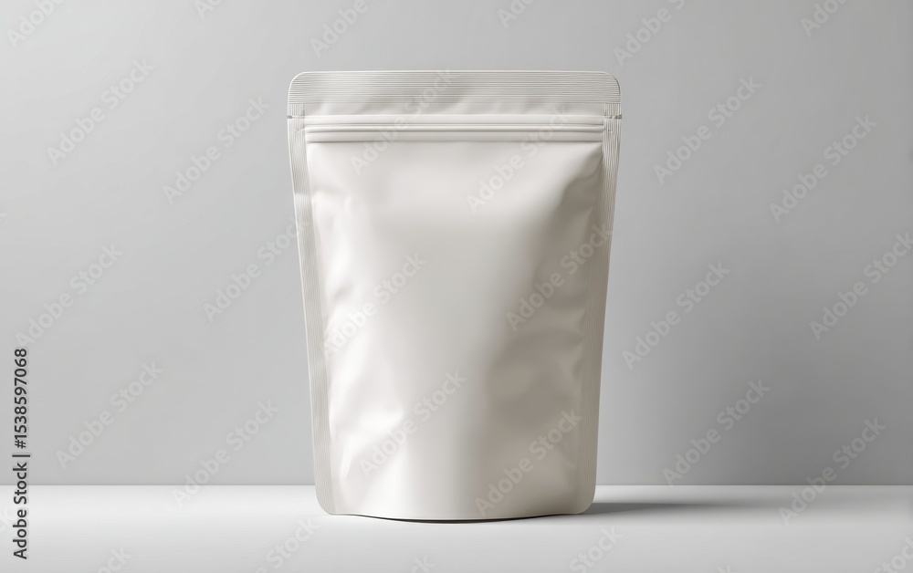 A blank white standup pouch with a resealable zipper against a solid light gray backdrop A blank white standup pouch with a resealable zipper against a solid light gray backdrop