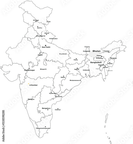 Outline of India Map with Labelled States Name and Capital Star Mark 