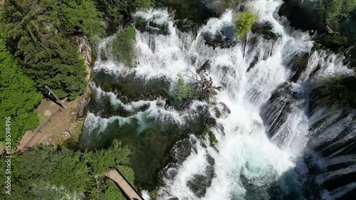 Amazing Martin Brod waterfalls on river Una in Bosnia and Herzegovina. Beautiful nature in Una national park with crystal clear water and amazing cascade waterfalls.