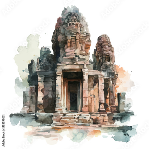 Ancient Temples, watercolor illustration vector, isolated on a white background.