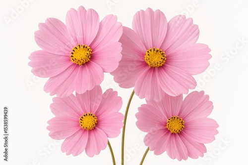 A detailed macro photograph of gentle pink blossoms set against a plain white backdrop, highlighting the fine textures and vivid hues of the petals