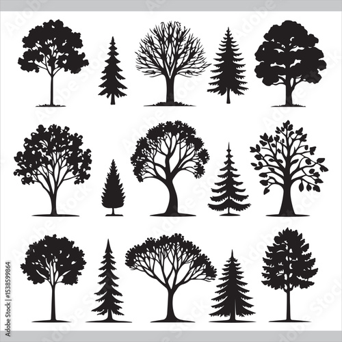 Set of tree silhouettes and vectors showing various types of trees and nature elements in black design style