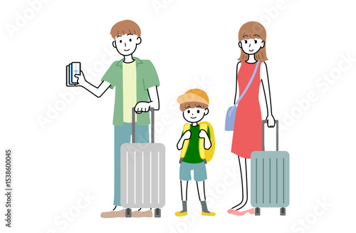 飛行機に乗る手続きをする家族のイラスト