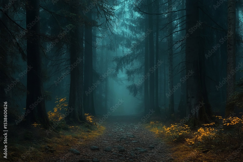 Fototapeta premium Mysterious forest path with deep blue fog and glowing autumn foliage creating a magical, moody, and atmospheric woodland scene