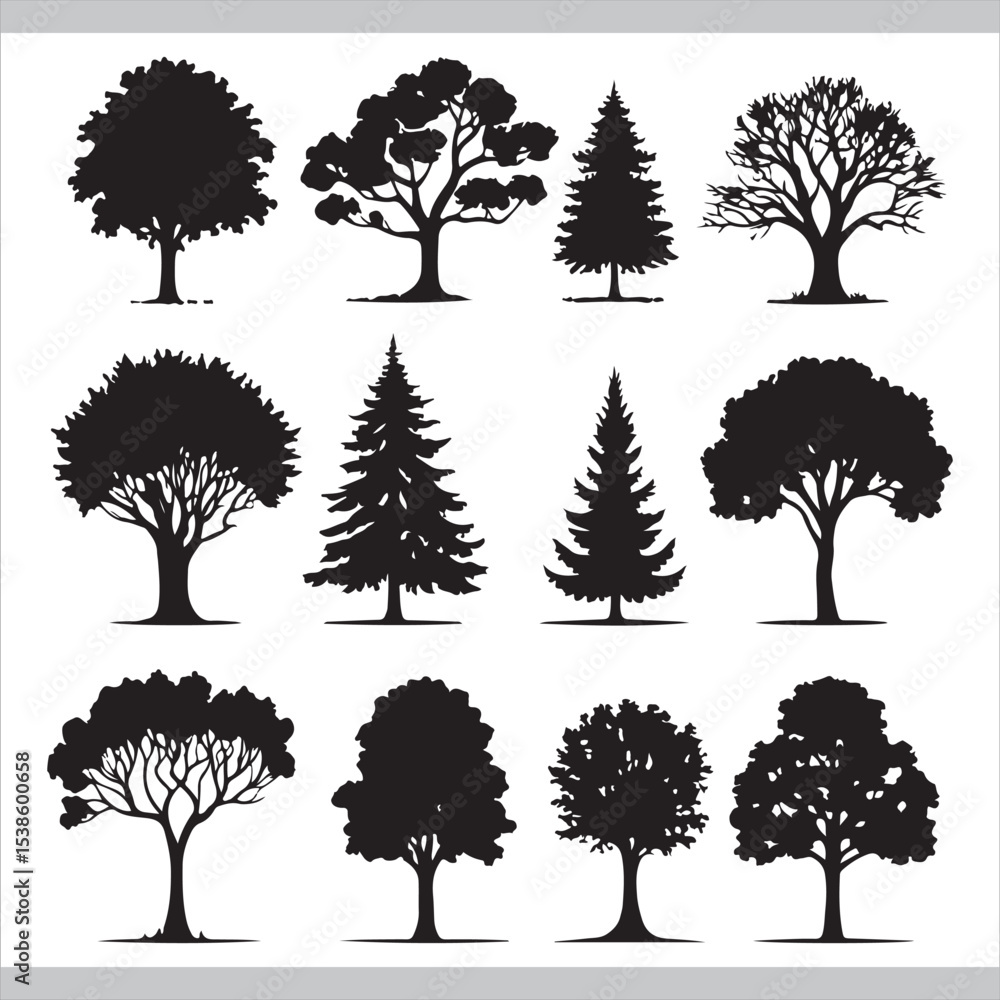 Fototapeta premium Collection of tree silhouettes in various shapes and styles