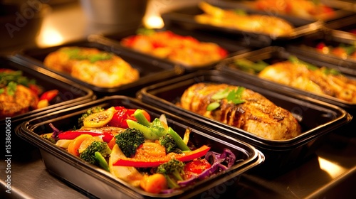 Prepared meals in black containers, showcasing various cooked vegetables and protein