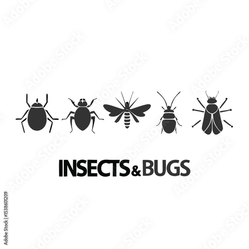 Vector icons of pest insects people want to exterminate: cockroach, mosquito, yellow jacket bee, housefly, bed bug, flea, tick, ant, and termite.