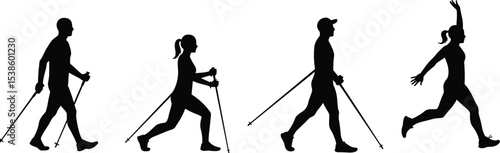 Set of 4 Nordic walking fitness silhouettes, showcasing various walking, jogging, and running postures with poles, ideal for sports, health, and lifestyle illustrations on Adobe Stock