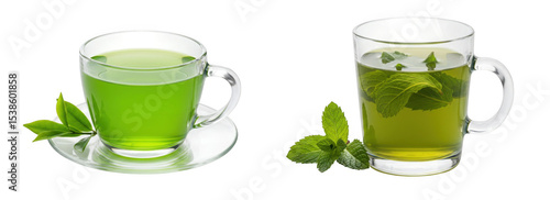 Refreshingly green beverages like tea, juice, and even beer are served in transparent glasses or cups, isolated on a white background