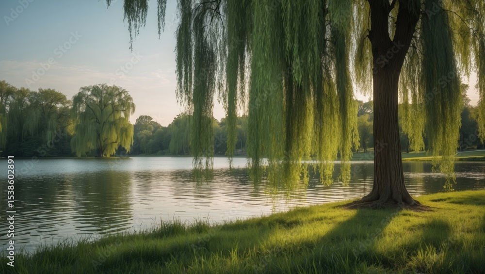 Obraz premium A sorrowful tree by the water's edge in a green space