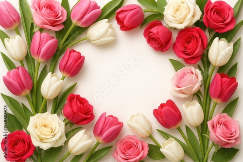 Elegant floral border featuring tulips and roses isolated on a white background
