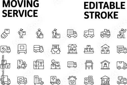 Moving Service Icon Set Black Line Art Editable Stroke Delivery Truck Boxes House Relocation Symbols