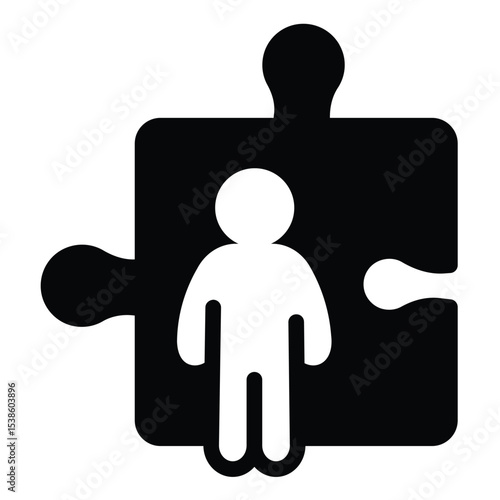 Man and large puzzle piece solid icon, design recruitment concept. Vector graphics. Puzzle game, human recourse sign on white background, style mobile or design.
