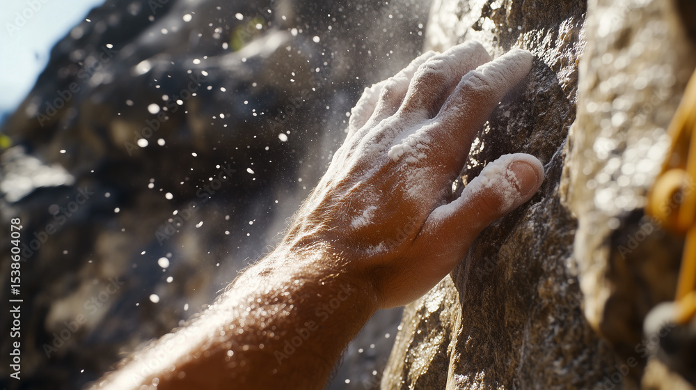 Fototapeta premium Close up of chalked hand gripping rough rock surface during outdoor rock climbing activity, capturing intense focus and physical effort involved