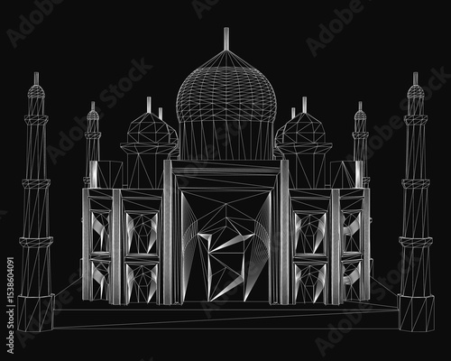 Taj Mahal stands majestically in a detailed black and white drawing, showcasing its intricate architectural details and symmetrical domes. The dark background enhances the monument's grandeur,.