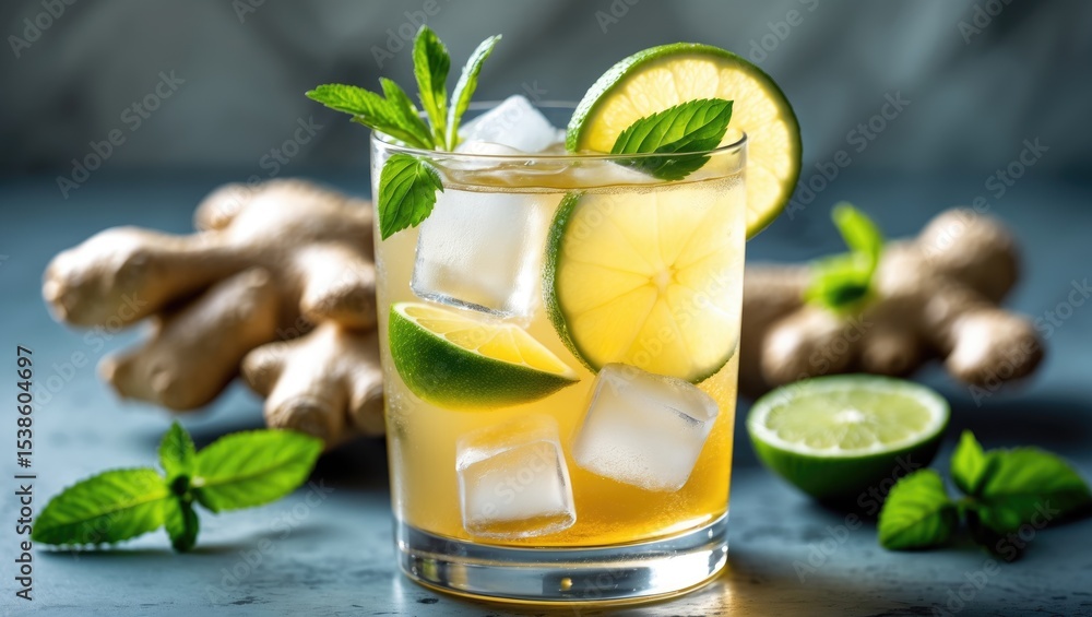Fototapeta premium Close-up of a glass of tasty ginger ale with an ice cube and ingredients on a white table