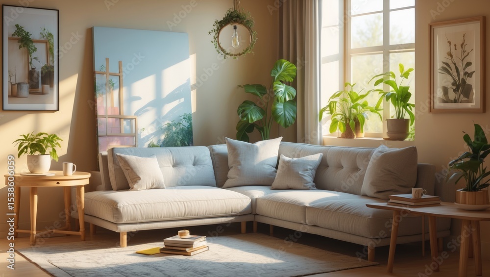 Creative arrangement of a stylish and cozy living room featuring a mock-up structure painting, grey corner sofa, window, and personal accessories. Beige neutral tones. Creative arrangement of a stylish and cozy living room featuring a mock-up structure painting, grey corner sofa, window, and personal accessories. Beige neutral tones.