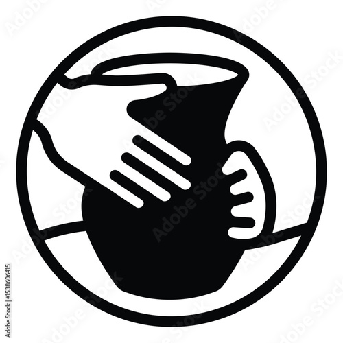 Clay jug in hands solid icon, pottery making concept. Vector graphics. Hands with plaster product model, handmade sign on white background, style mobile or design.