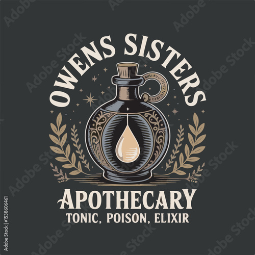 Owens Sisters Apothecary Logo Design Featuring Ornate Dark Bottle Gold Elixir Drop Beige Text on Black Background
