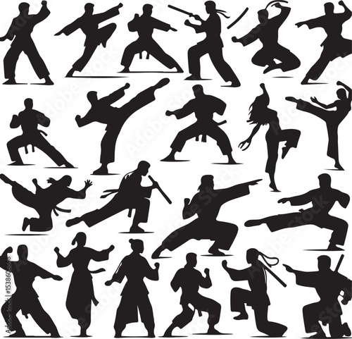 Set of kung fu action silhouette