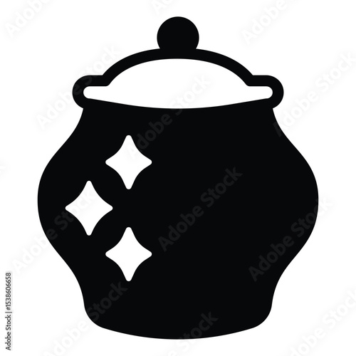 Lacquered pot with lid solid icon, pottery making concept. Vector graphics. Polished ceramic pot, fragile product sign on white background, style mobile or design.