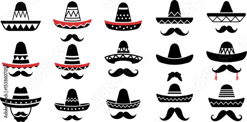 Vector graphic of cinco de mayo mexican sombrero and mustache celebration icon set illustration 100 editable stock vector illustration