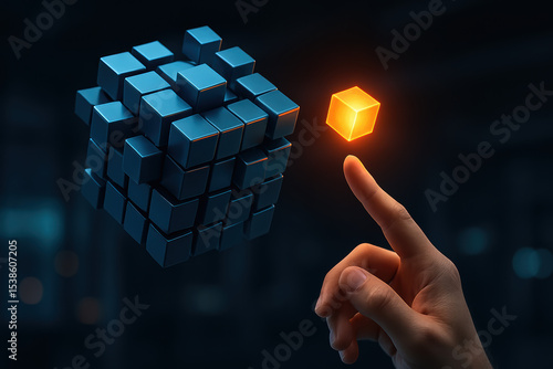 Innovation and strategy are illustrated by a glowing cube detached from a complex structure with a poised to integrate it seamlessly