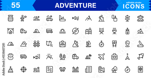 Adventure Icon Set Representing Exploration, Travel, Outdoors, Hiking, and Expedition Symbols in a Clean, Creative, and Marketable Vector Style