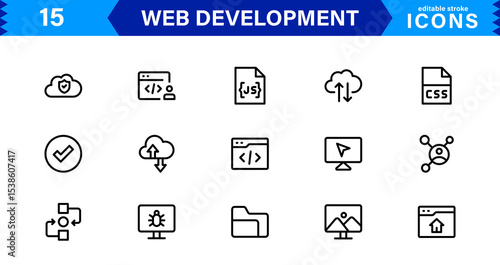 Modern Web Development Icon Set Featuring Coding, Websites, Programming, Design, and Development Concepts in a Professional, Clean Vector Style