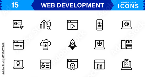 Modern Web Development Icon Set Featuring Coding, Websites, Programming, Design, and Development Concepts in a Professional, Clean Vector Style