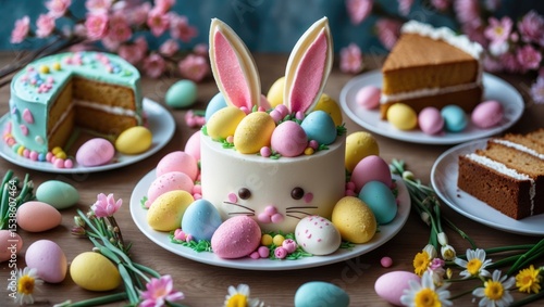 Easter or spring dessert food side border viewed from above on a white wood background. Bunny cake, colorful cookies, breads, tarts, and an assortment of sweets. Copy space.