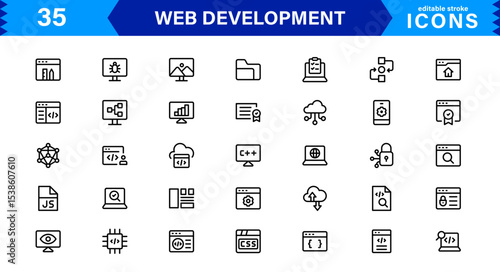 Modern Web Development Icon Set Featuring Coding, Websites, Programming, Design, and Development Concepts in a Professional, Clean Vector Style