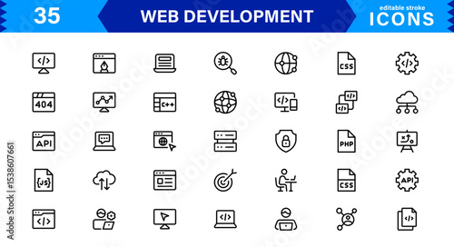 Modern Web Development Icon Set Featuring Coding, Websites, Programming, Design, and Development Concepts in a Professional, Clean Vector Style