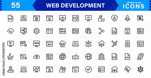 Modern Web Development Icon Set Featuring Coding, Websites, Programming, Design, and Development Concepts in a Professional, Clean Vector Style