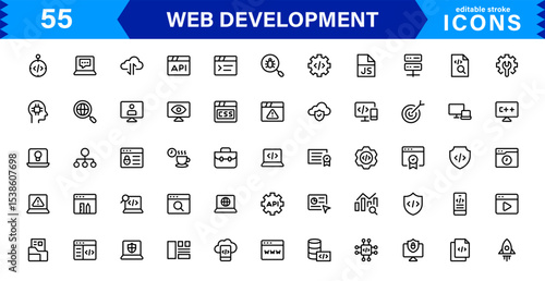 Modern Web Development Icon Set Featuring Coding, Websites, Programming, Design, and Development Concepts in a Professional, Clean Vector Style