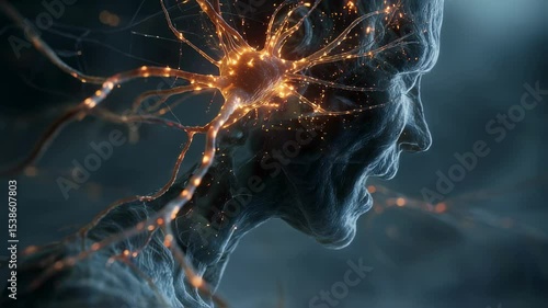 Neuron degeneration visualization shows an elderly person grimacing in pain as neurons degenerate and glow orange, illustrating the concept of aging and cognitive decline
