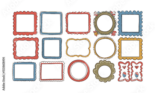 Vector illustration featuring a diverse collection of hand-drawn whimsical frames in various shapes, rectangles, squares, ovals, circles, and scalloped edges, easily editable and scalable.
