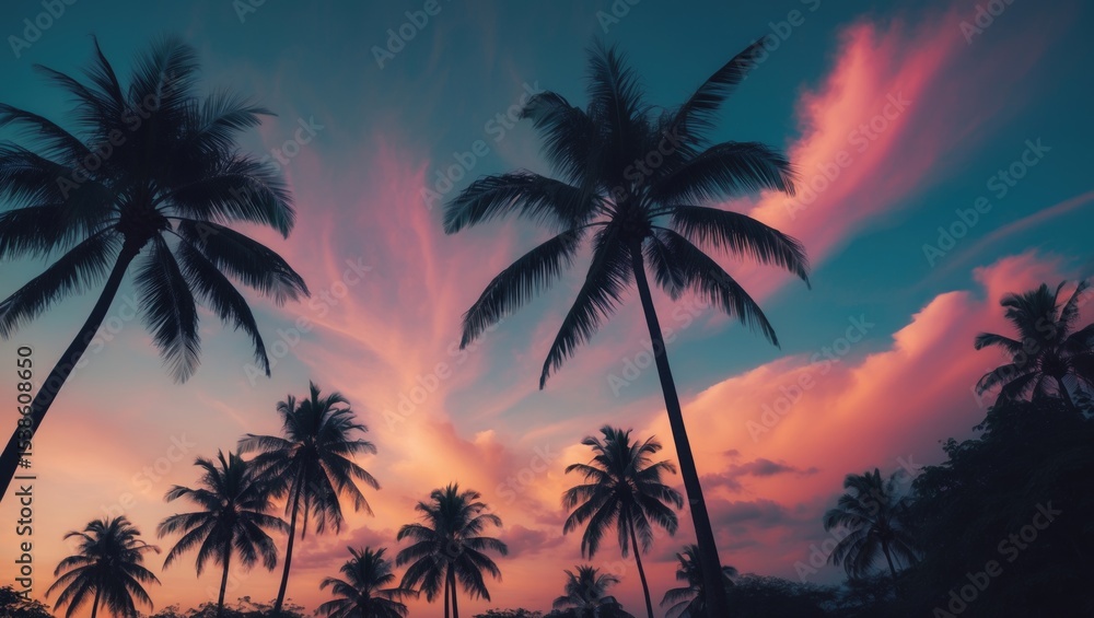 A vibrant tropical sunset featuring silhouettes of palm trees and rooftops, with the colorful gradient sky shifting from deep blue to fiery orange, depicting a serene tropical evening scene. A vibrant tropical sunset featuring silhouettes of palm trees and rooftops, with the colorful gradient sky shifting from deep blue to fiery orange, depicting a serene tropical evening scene.