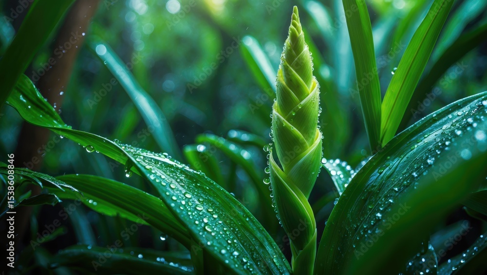 Fototapeta premium Ginger flower, Zingiber officinale or ginger plant featuring a flower on a rainy day.