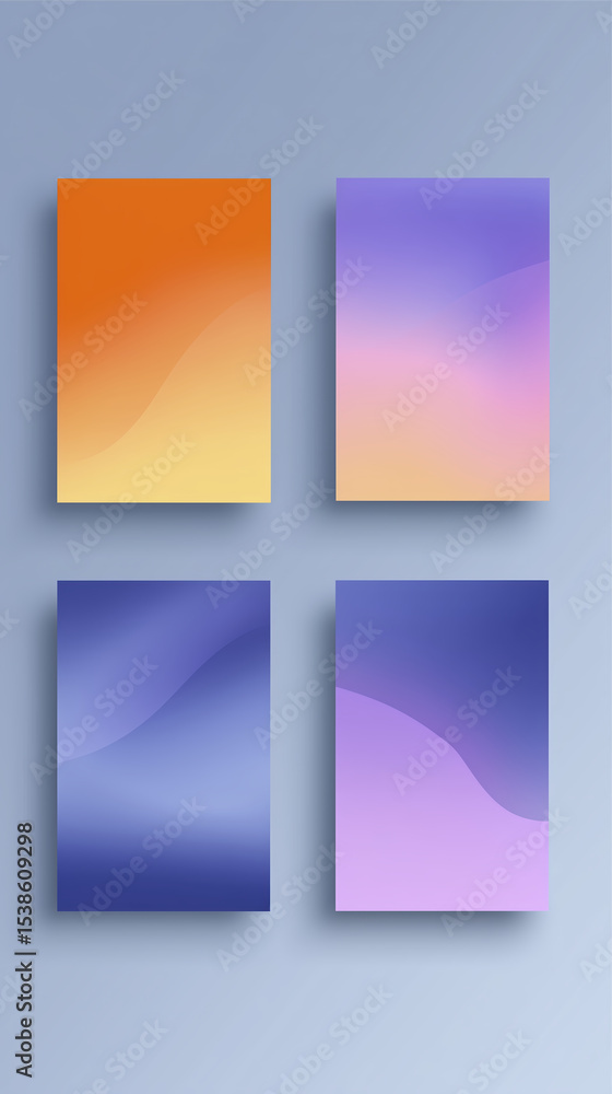 Fototapeta premium Abstract gradient backgrounds featuring vibrant orange, soft yellow, calming purple, and deep blue hues, ideal for creative design projects and digital applications with copy space