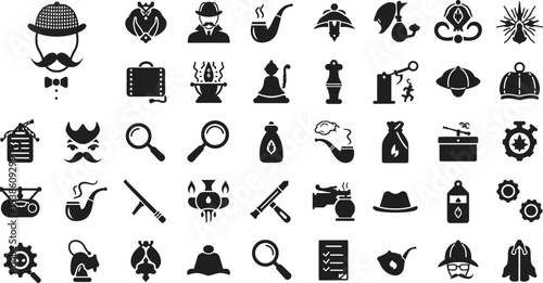 Detective investigation elements vector icons set mystery solving clues and tools sherlock holmes symbols editable stock vector illustration