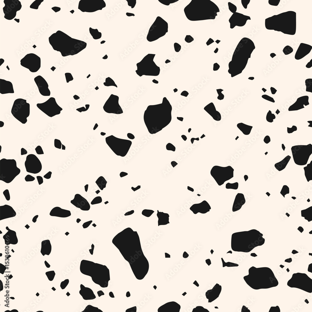 Simple vector terrazzo flooring seamless texture. Realistic pattern of mosaic floor with natural stones, granite, marble, glass, randomly scattered particles. Black and white minimal repeated design Simple vector terrazzo flooring seamless texture. Realistic pattern of mosaic floor with natural stones, granite, marble, glass, randomly scattered particles. Black and white minimal repeated design
