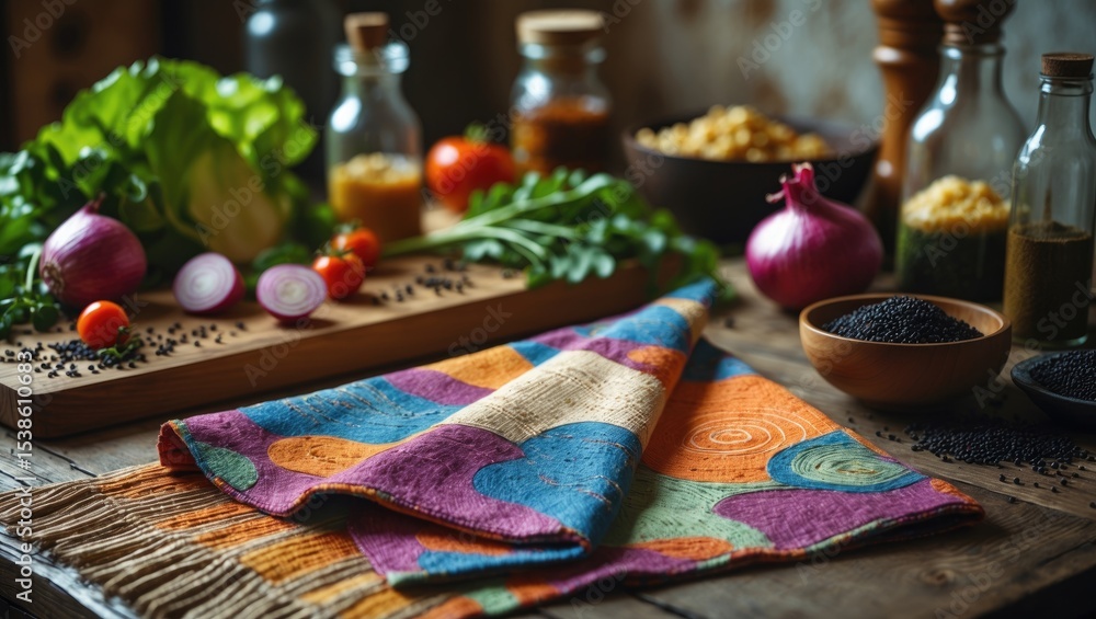 Empty fabric napkin for serving table with abstract pattern. On wooden table with food ingredients on the edges. Template for menu design. Empty fabric napkin for serving table with abstract pattern. On wooden table with food ingredients on the edges. Template for menu design.